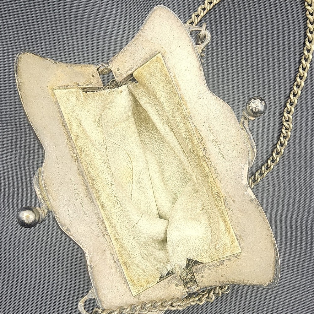 JPR German Silver Mesh Purse with Chain Handle and Ornate Frame