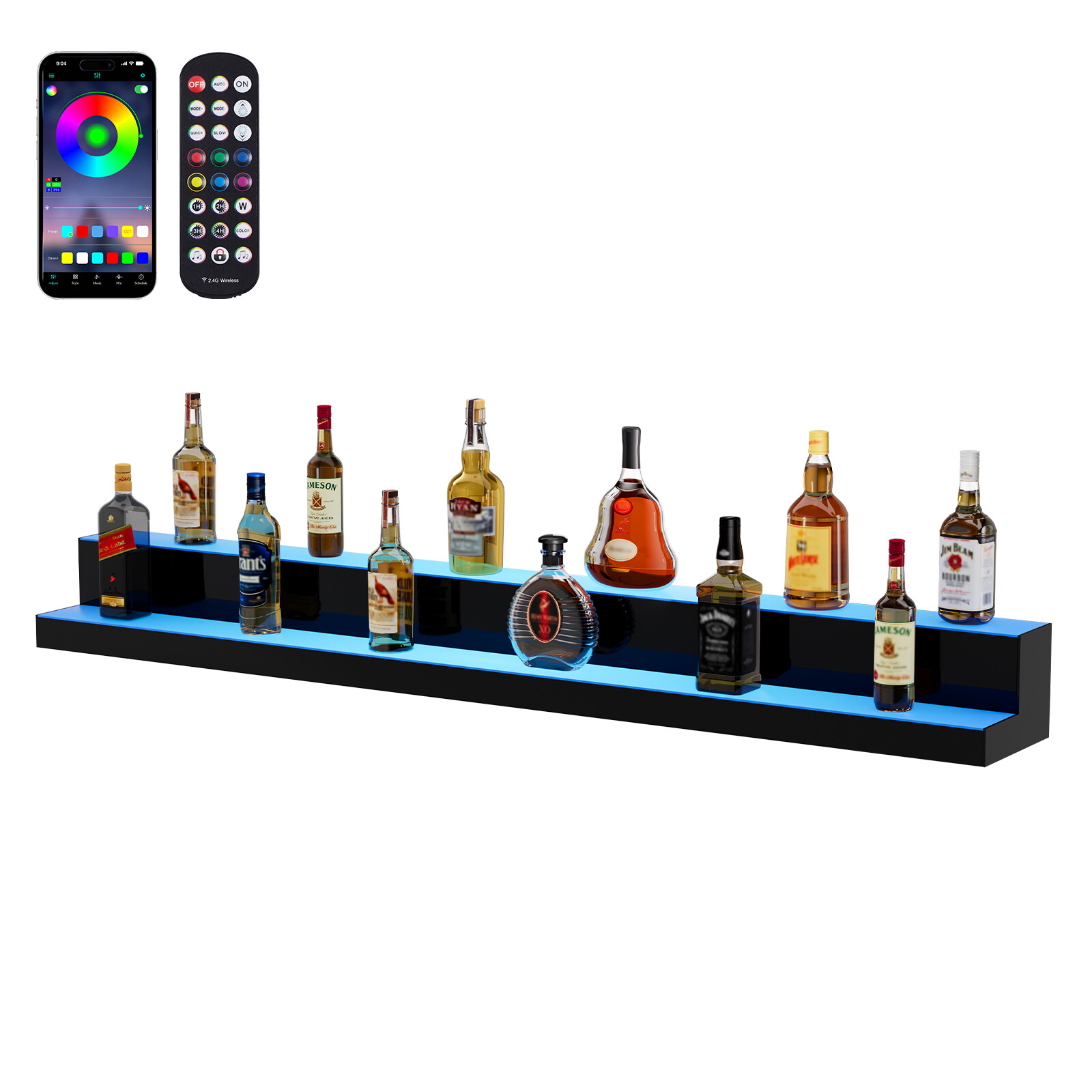VEVOR60" 2-Step LED Lighted Liquor Bottle Display Bar Shelf RF & App Control