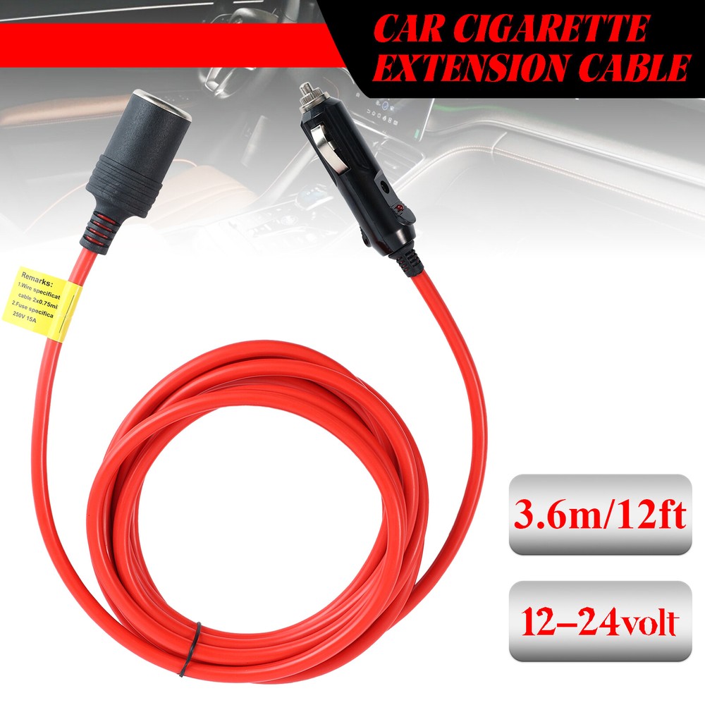12ft 12-24V Cigarette Lighter Extension Cable Cord Heavy Duty Socket Plug Charge