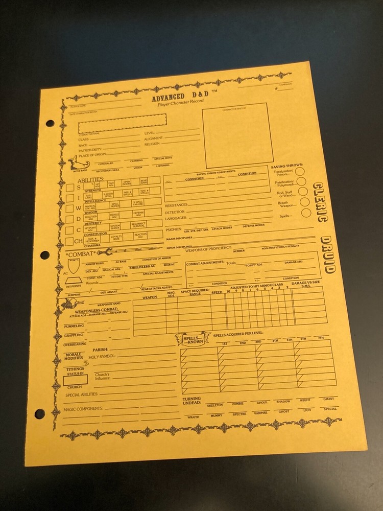 CLASSIC! AD&D Player Character Record Sheet (Cleric/Druid) *UNUSED*