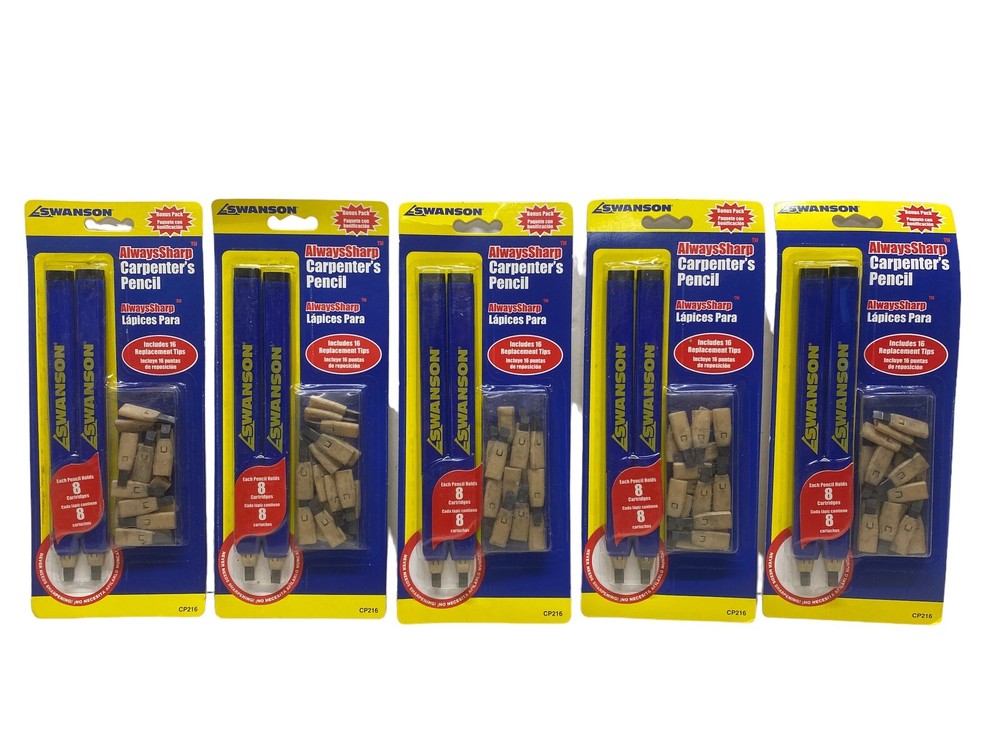 5 pack Swanson Tool CP216 AlwaysSharp Refillable Carpenter Pencil W/ 16 Repl Tip