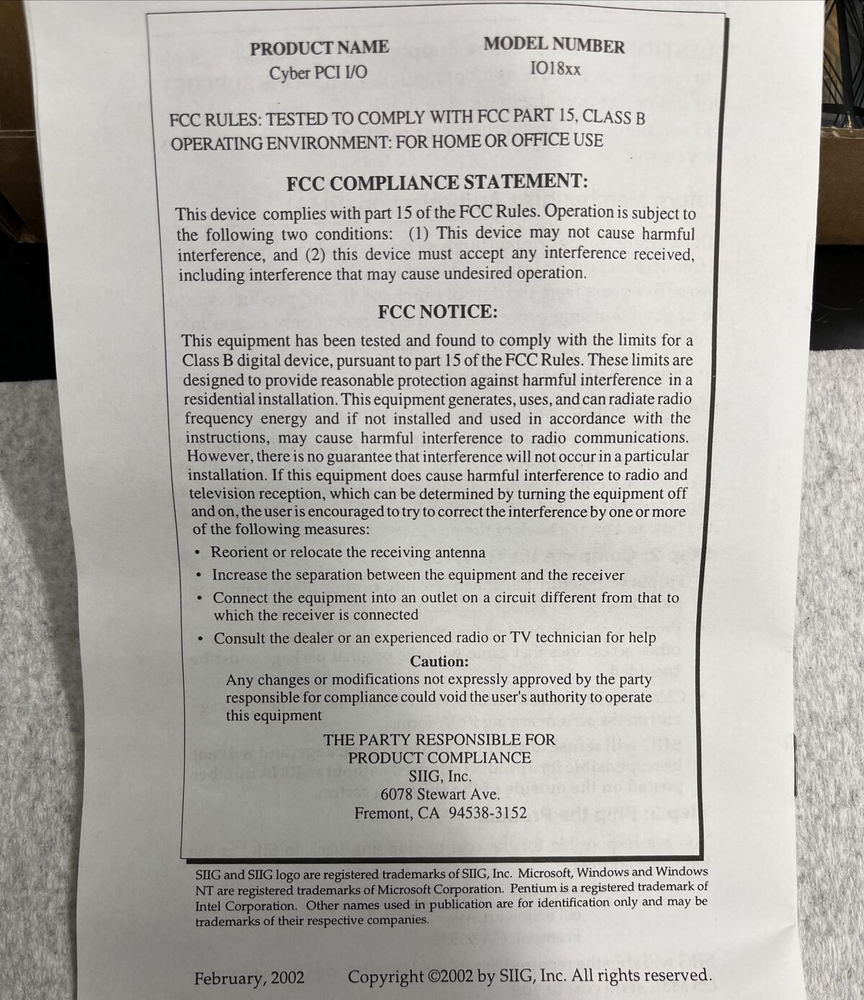 SIIG 16550 Fast Serial 16-Byte Buffer Board Ver. 1.0