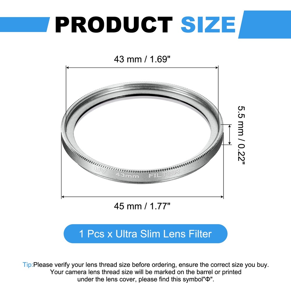 43mm Ultra Slim Lens Filter Multi Coating Camera Len Filter, Silver