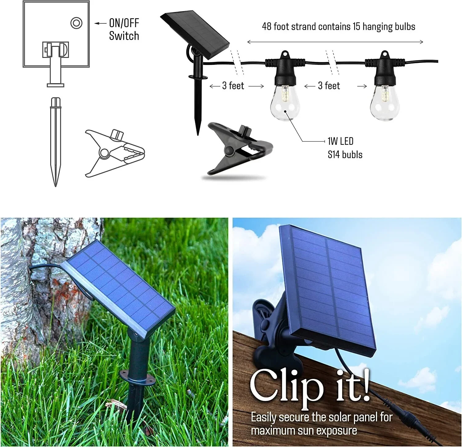 Brightech Ambience Pro Solar Powered Outdoor String Lights, 48/27 Ft Edison Bulb