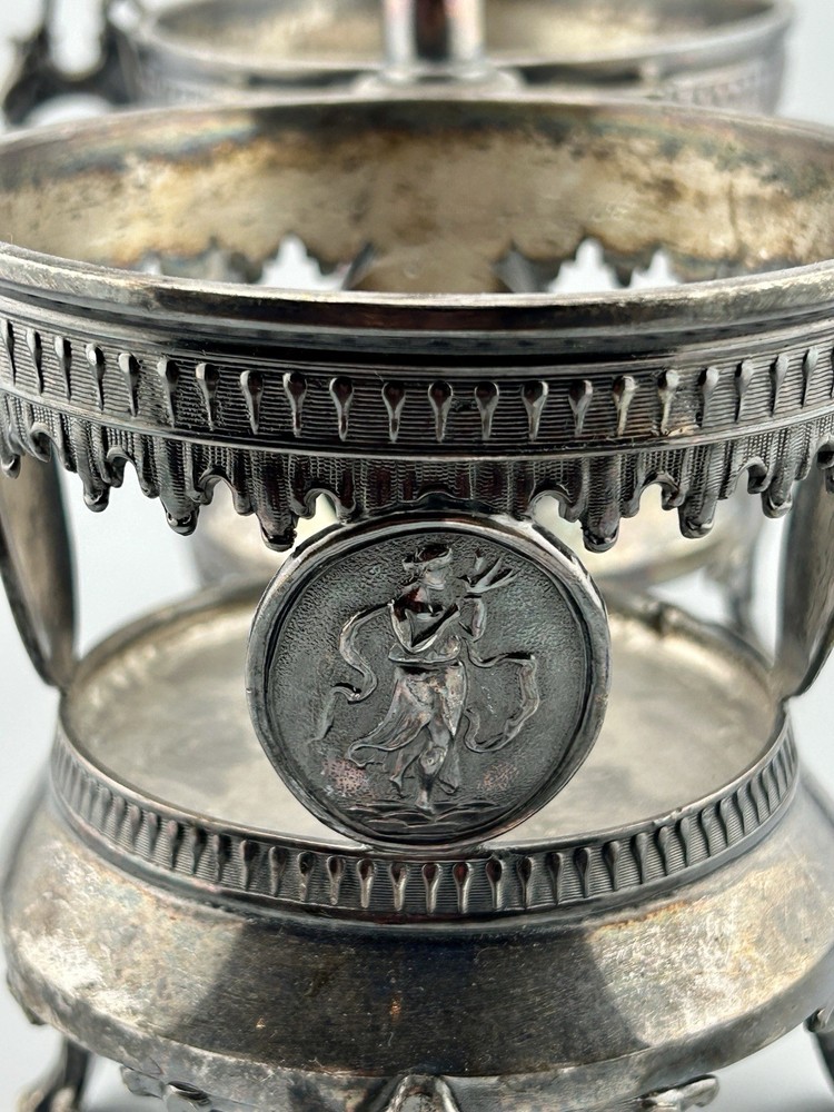 Antique Victorian Silver Plate Double Condiment Cruet EAPG Insert Pickle Fork