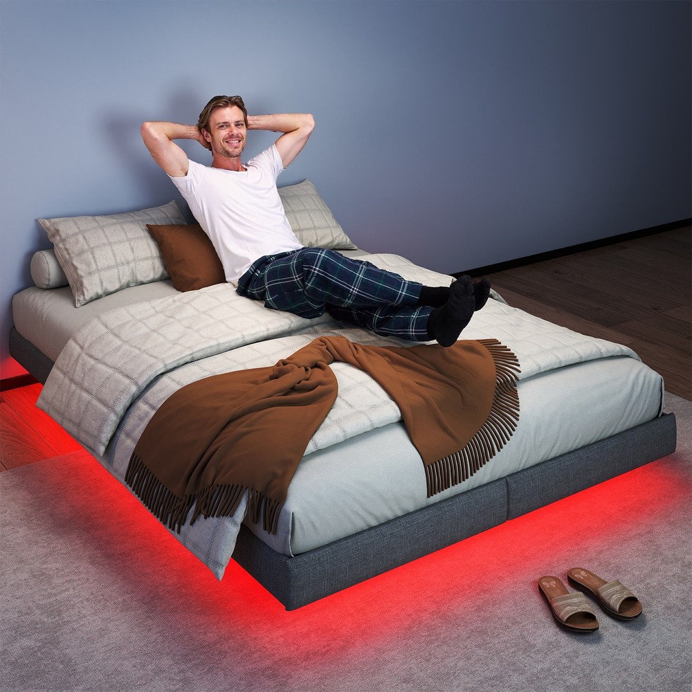 King Floating Bed Frame with LED Lights & Under Bed Storage No Box Spring Needed