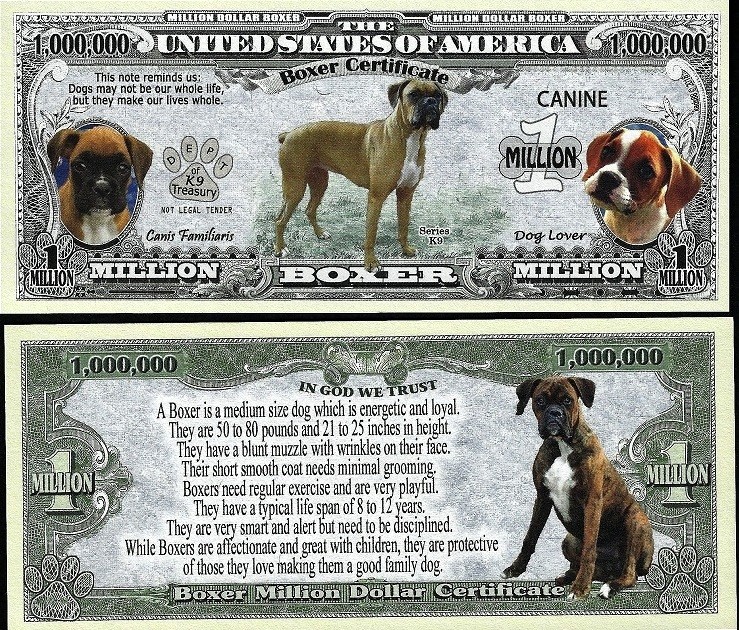 Boxer Dog Certificate Million Dollar Play Funny Money Novelty FREE SLEEVE
