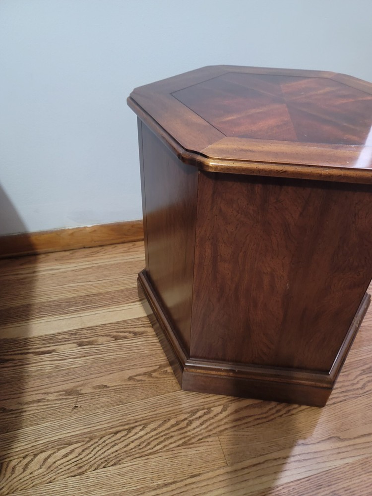 Mid-Century Hexagonal Drum Wood Side End Table With Storage