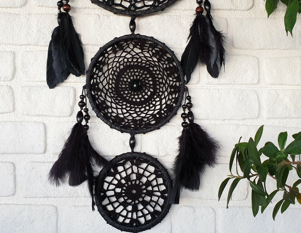 Black big three circle black feathers wall decor dream catcher