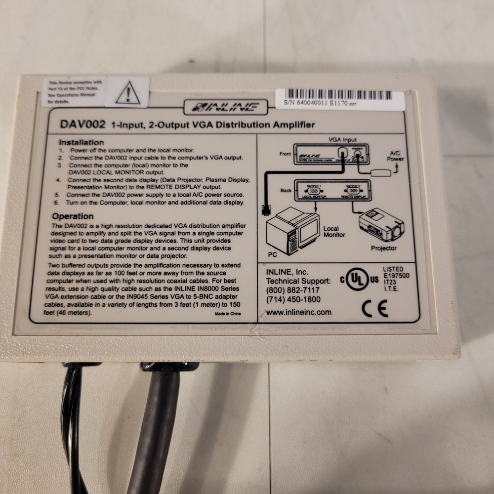 Inline Inc VGA Distribution Amplifier DAV002 1 Input 2 Output, 9VDC 1A