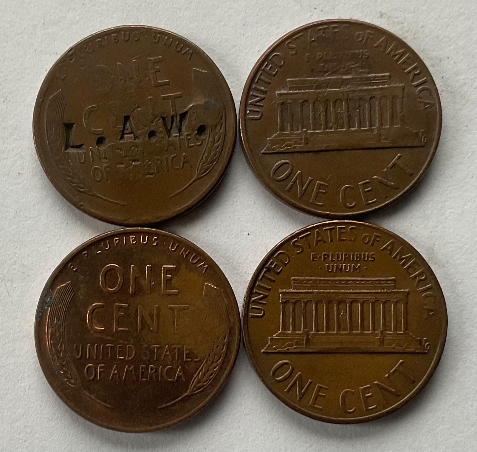 (4) LINCOLN WHEAT & MEMORIAL CENT OBVERSE STAMPED=KENNEDY-MASON-I LOVE YOU