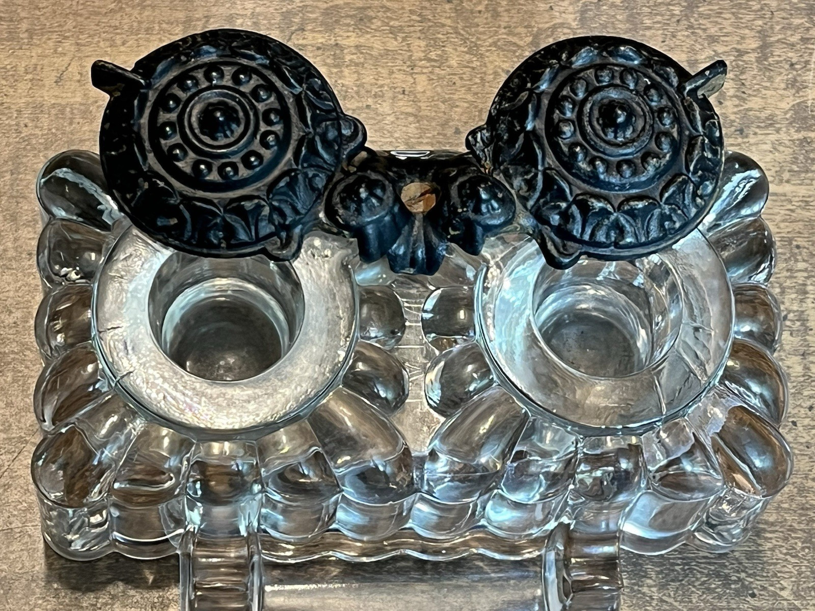 Antique "Tatum" Double Inkwell Pressed Glass w/Cast Iron Swivel Lids 1878-1900