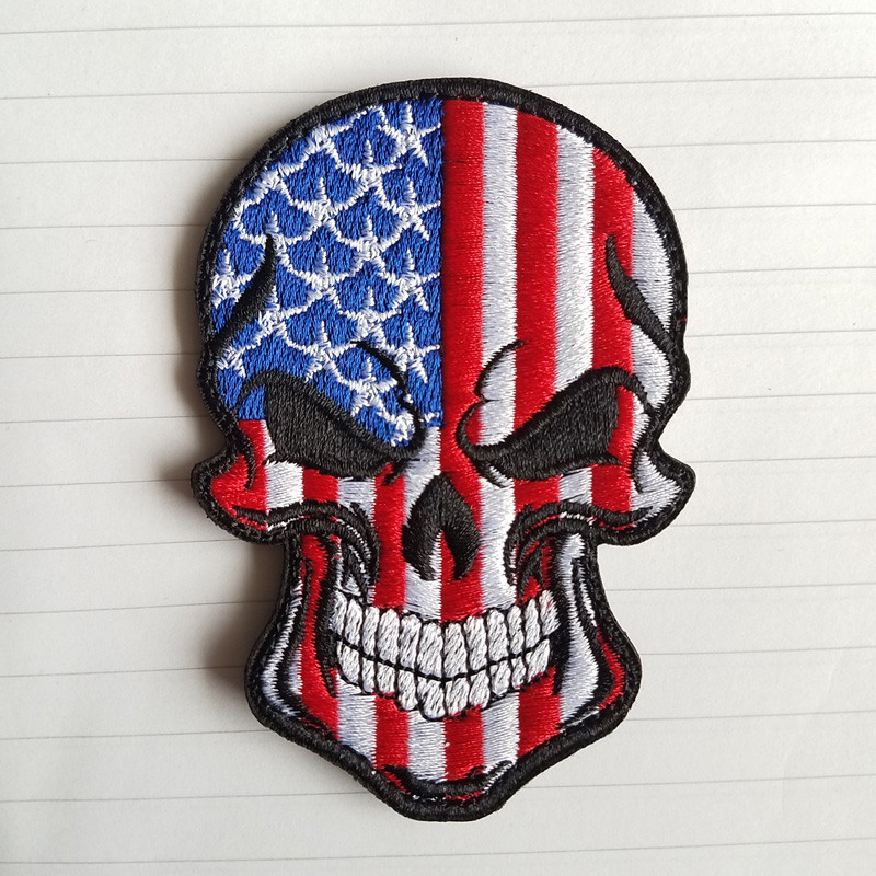 3PCS US SKULL FLAG USA AMERICAN FLAG HOOK LOOP PATCH EMBROIDERED FULLCOLOR DARK