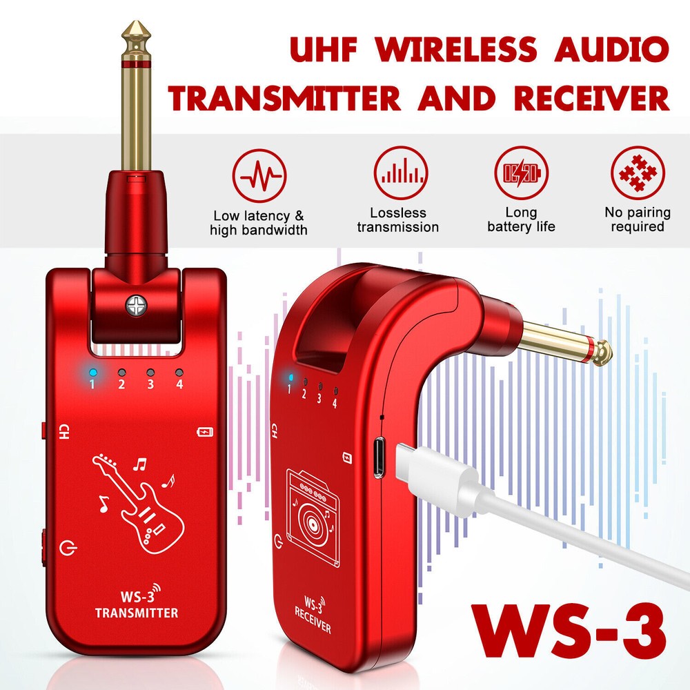 WS-3 UHF Wireless Guitar Transmitter Receiver 4 Channels Built-In Rechargeable