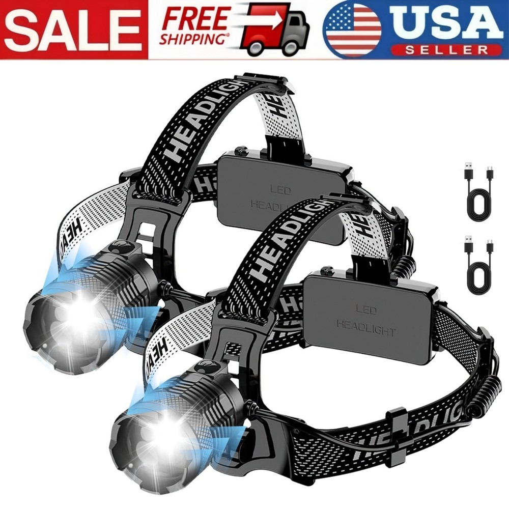 2 PCS Super Bright LED Zoomable Headlamp USB Rechargeable Headlight Head Torch