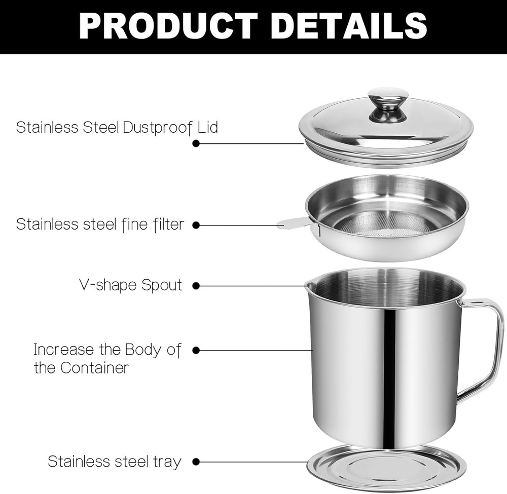 Bacon Grease Container,Kitchen Oil Container Can with Strainer and Silver~2