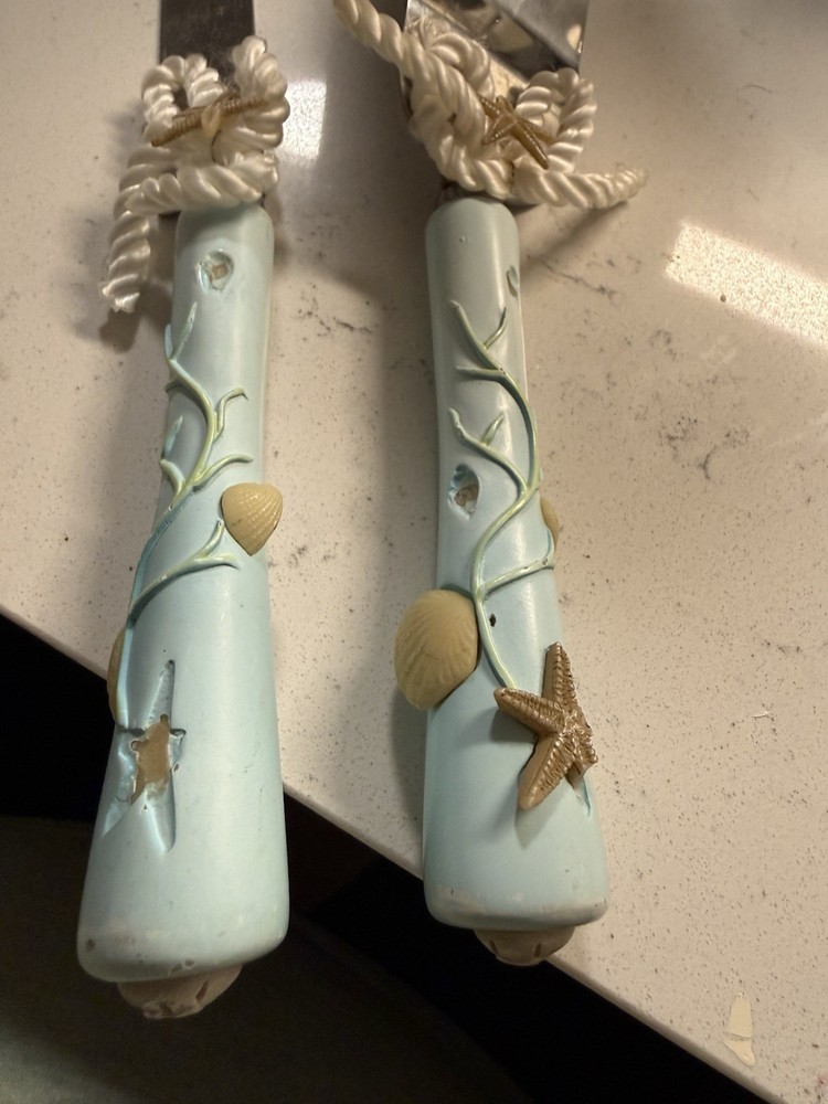 Beach Theme Cake Knife & Server Set Starfish Shell Handles Light Blue