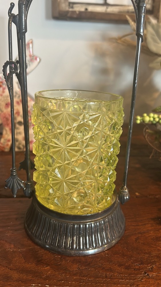Antique Uranium Pickle Castor with Daisy Button Pattern and Tongs