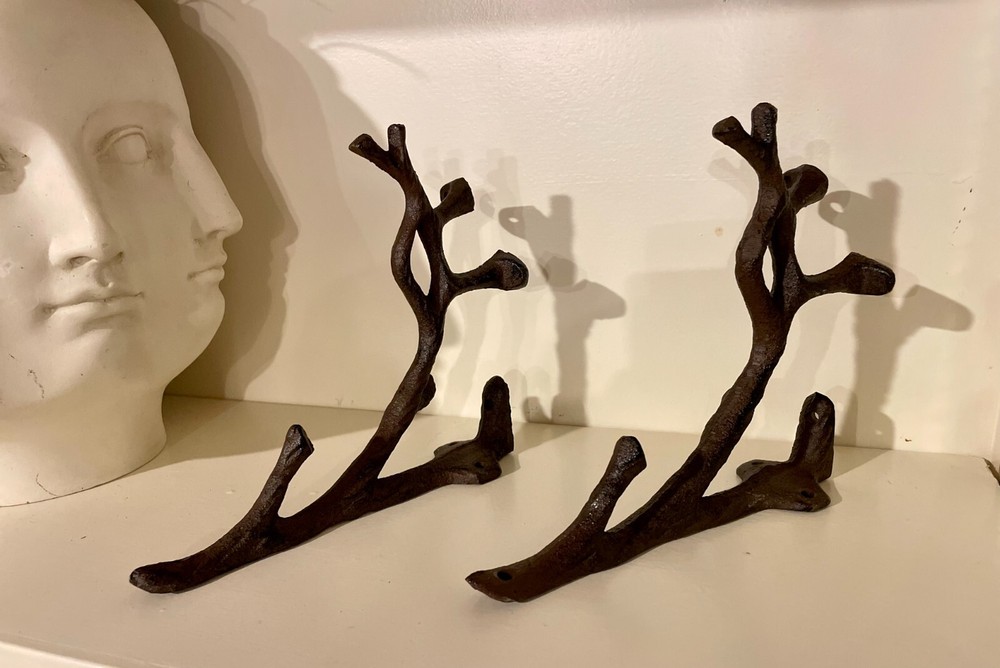 2 Rustic Cast Iron Shelf Bracket Wall Mount Hardware Brace Tree Branch Sculpture