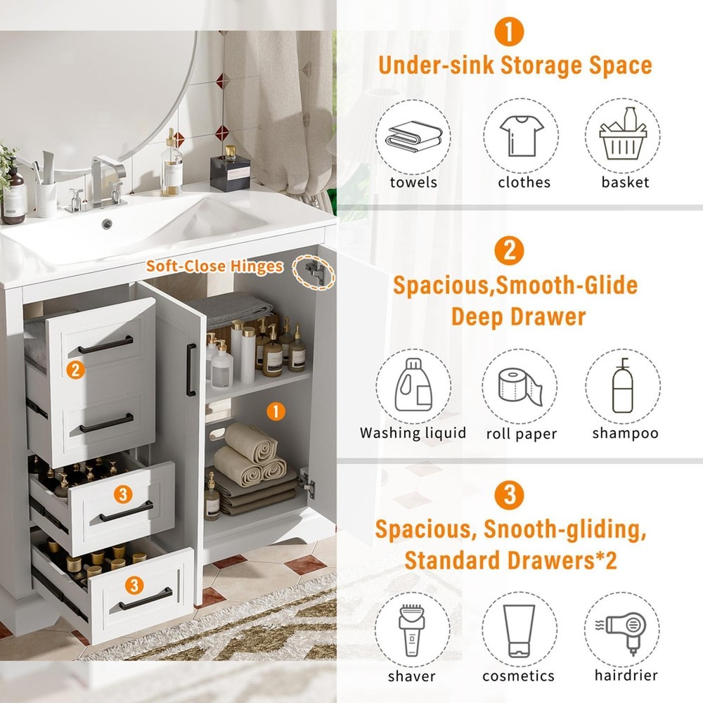 Refined 36" Vanity for Medium Bathrooms – Solid Wood Frame, Ample Storage &