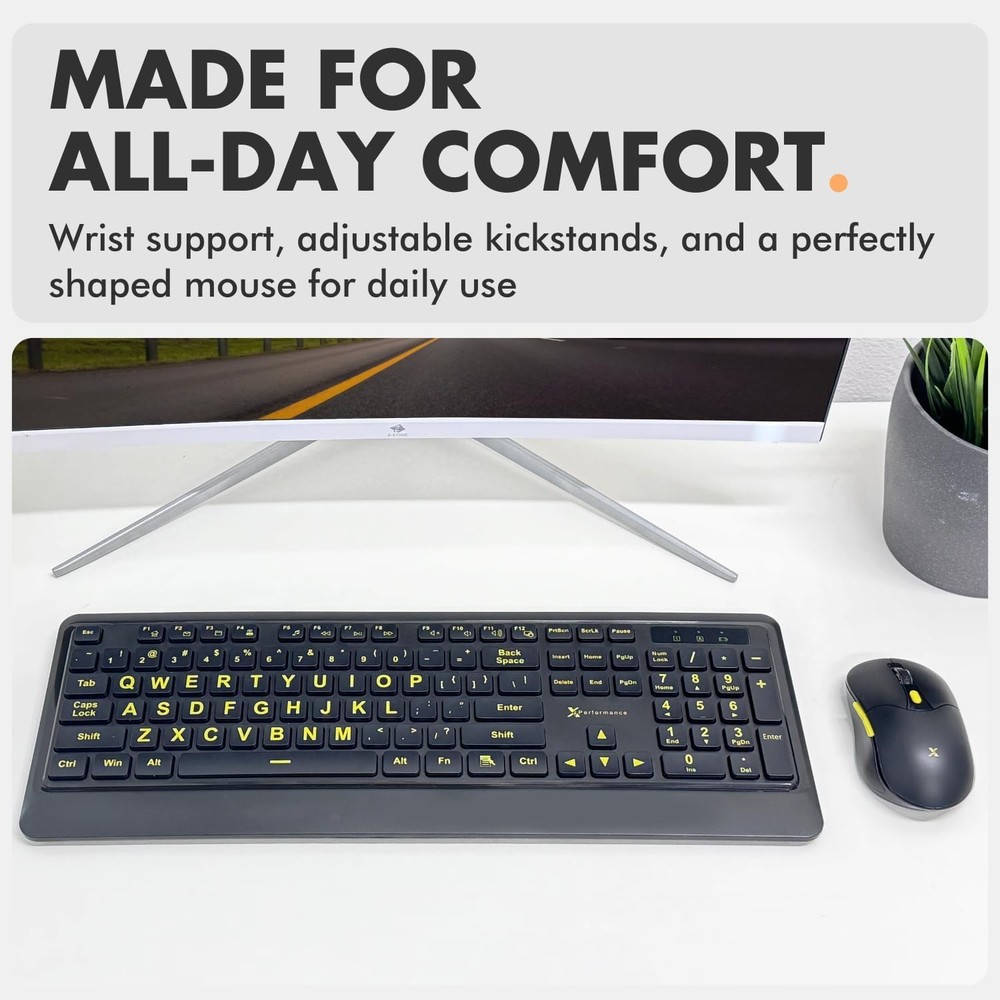 Large Print Wireless Keyboard & Mouse Combo - High Visibility Yellow Design