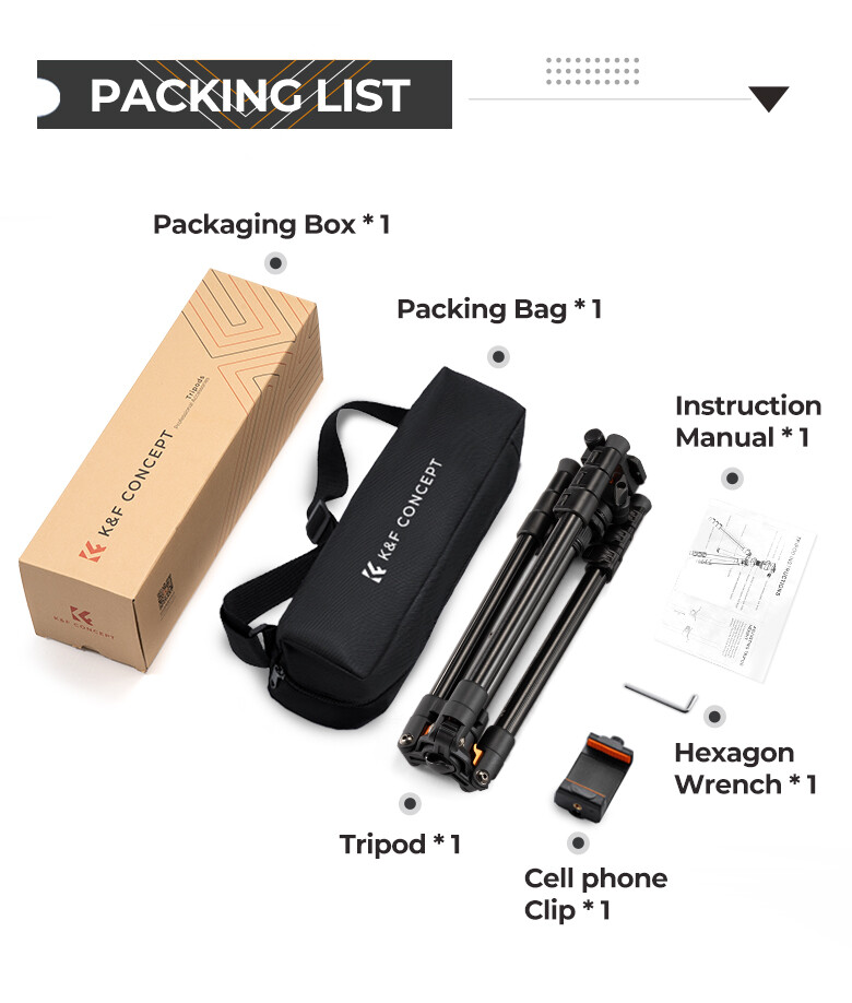 K&F Concept 64" Lightweight SLR Camera Tripod w/ 360° Ball Head & Cellphone Clip