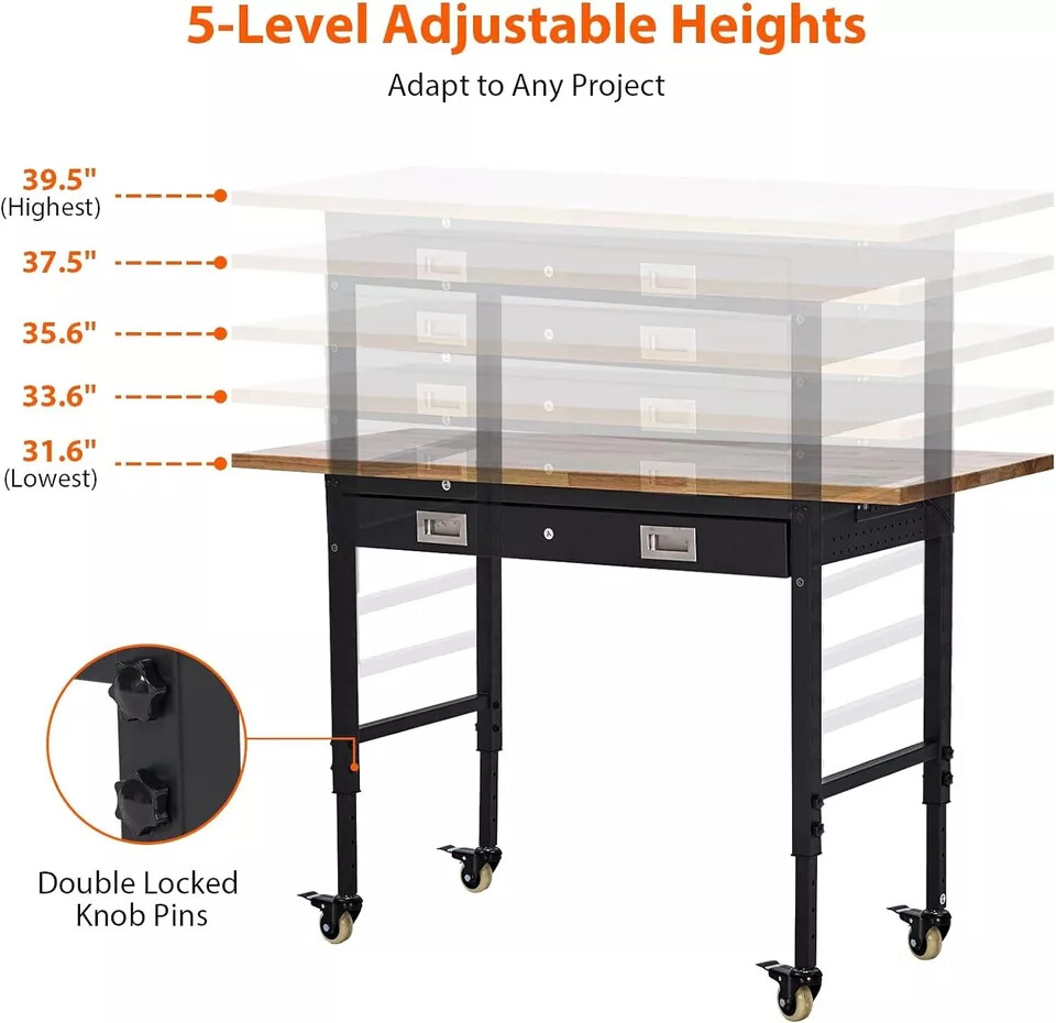 60"x22" Adjustable Height Workbench 2000 LBS Workstation With Drawer & Wheels