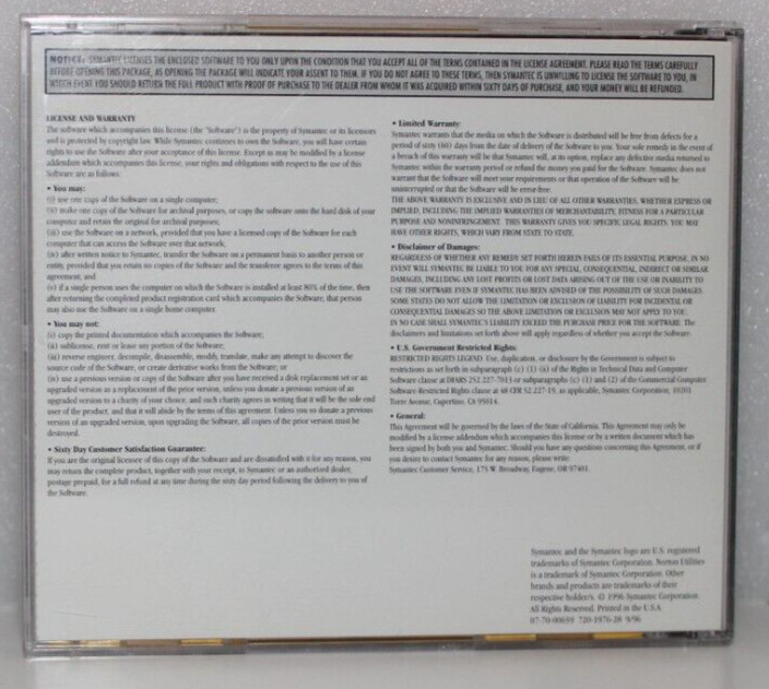 SYMANTEC NORTON UTILITIES VERSION 2.0 WINDOWS 95 VINTAGE SOFTWARE