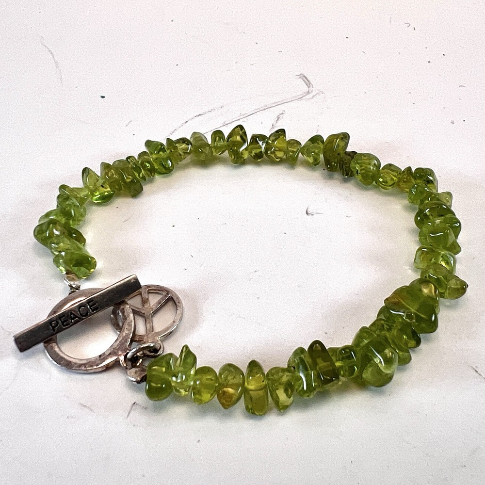 Peace Bracelet Peridot Chips Sterling Silver Peace Charm Toggle Clasp Stretch