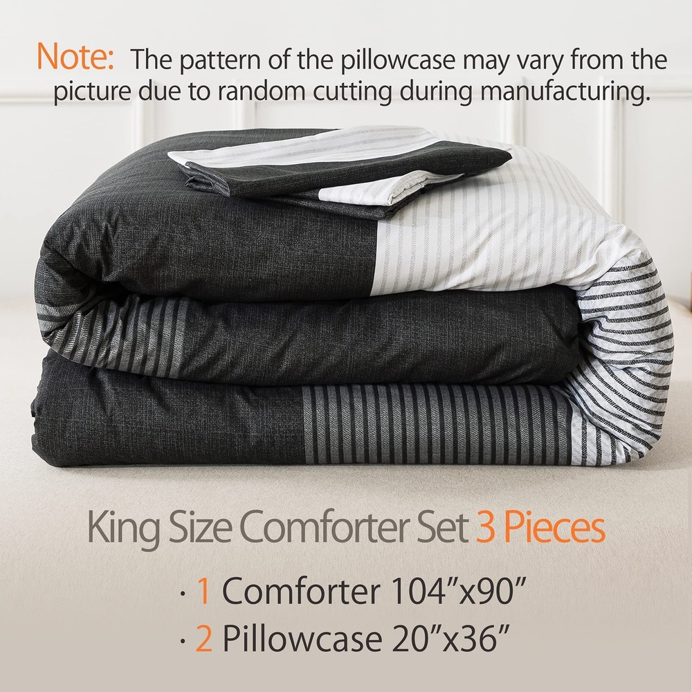 Andency Black Comforter King Size, 3 Pieces Black White Gray Patchwork Stripe...