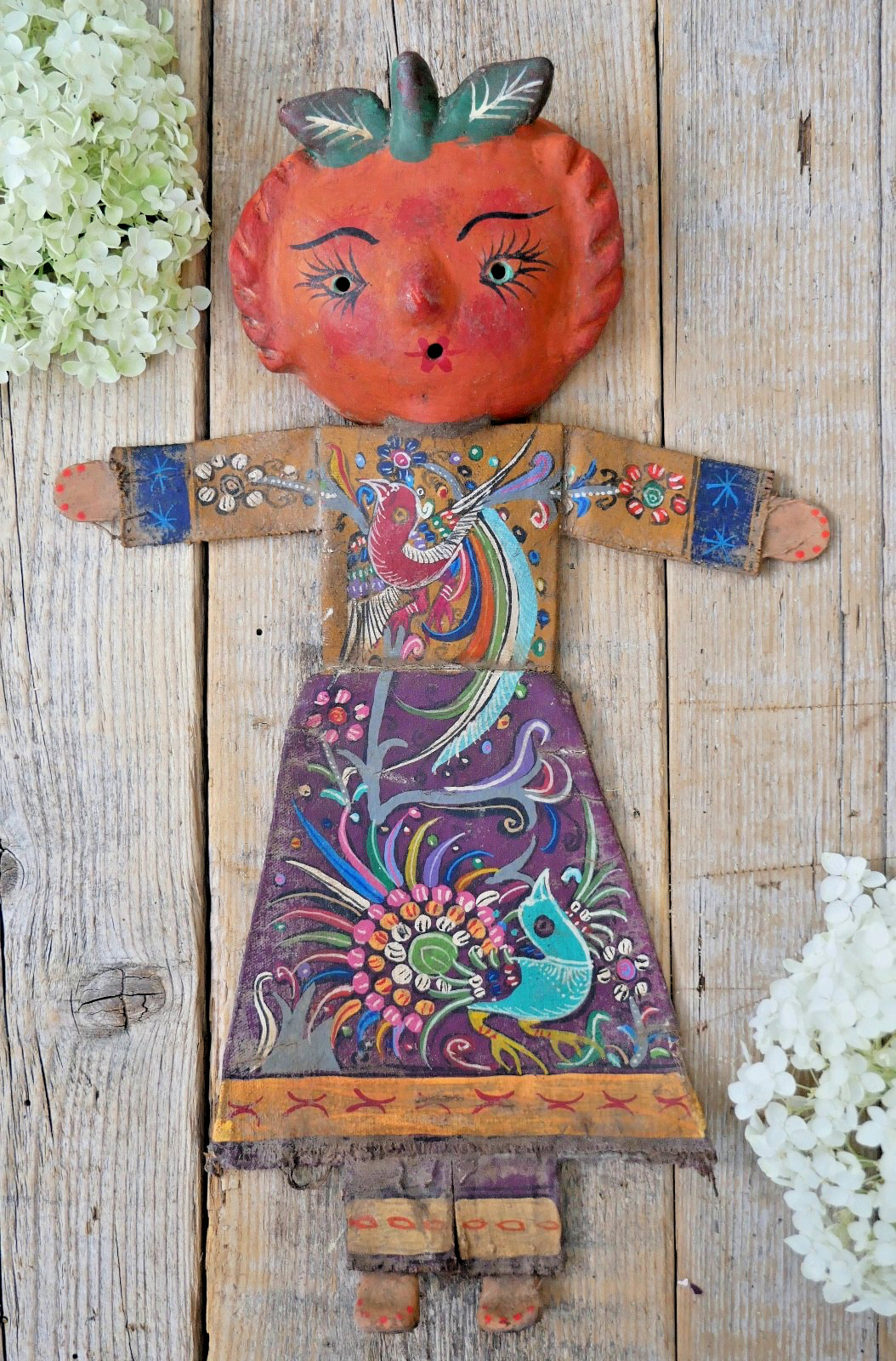 Fruit Girl Canvas Body Coconut Head Distressed Handmade Guerrero Mexico Folk Art