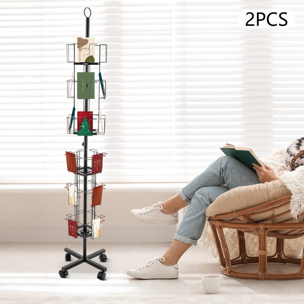 2x Greeting Cards Display Rack, 24 Pockets Rotating Postcard Brochure Display