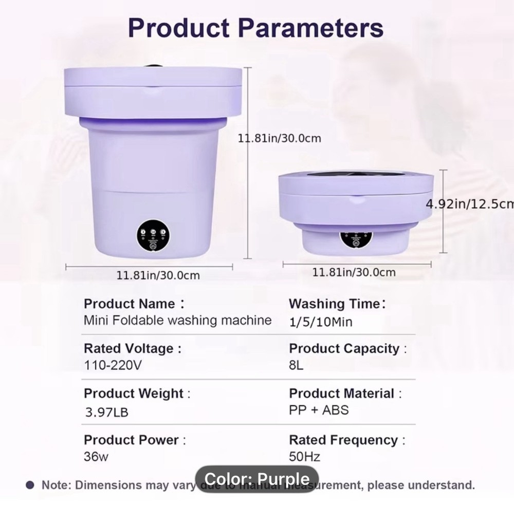 Mini Foldable Portable Washing Machine 8L Purple, 36W, Top-Loading, Compact