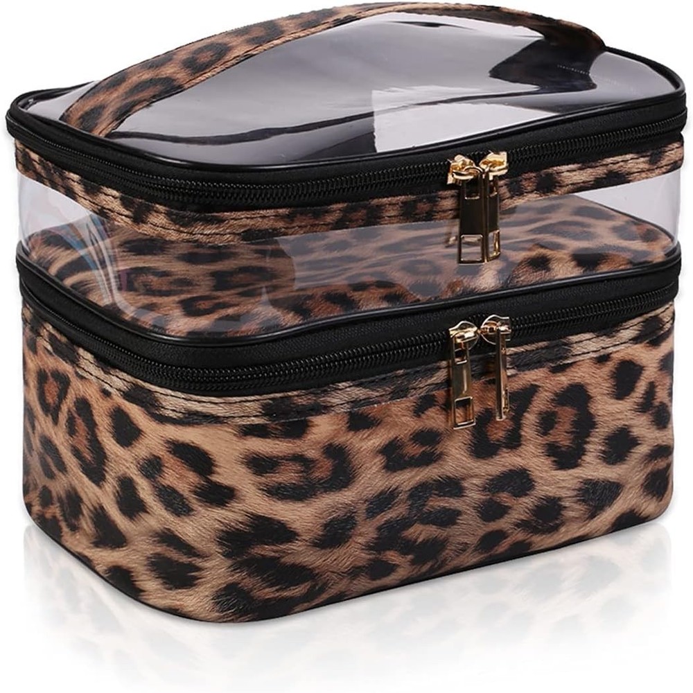 Double Layer Leopard Makeup Bag Travel Cosmetic Case Waterproof