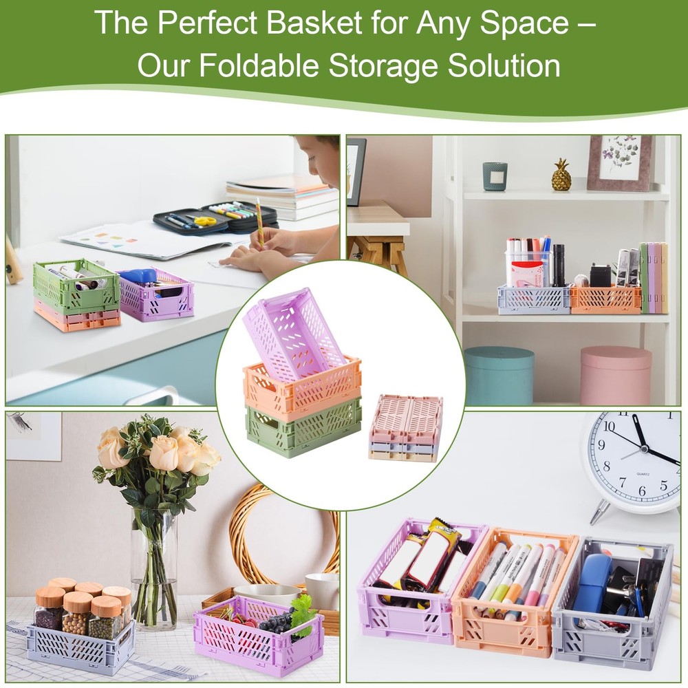 6-Pack Small Pastel Plastic Storage Baskets, Collapsible Crates for Organizing,