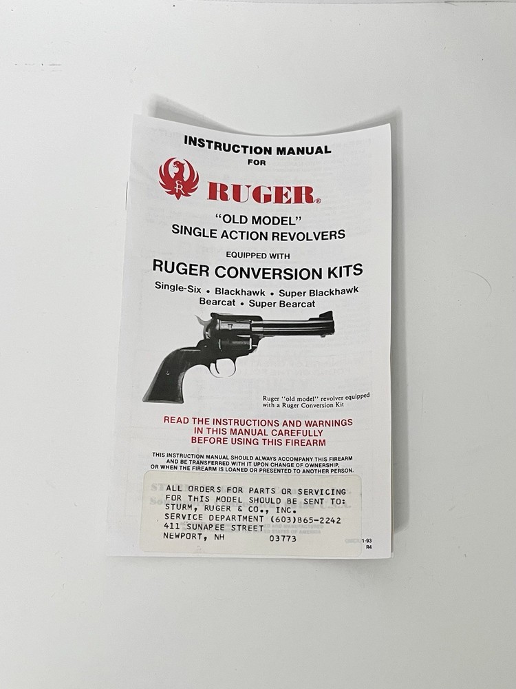 Instruction Manual For Ruger "Old Model" Single Action Revolvers