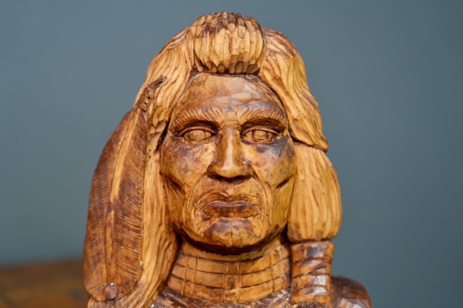 Vintage Cigar Store Indian Countertop Display Wood Bust Head Statue
