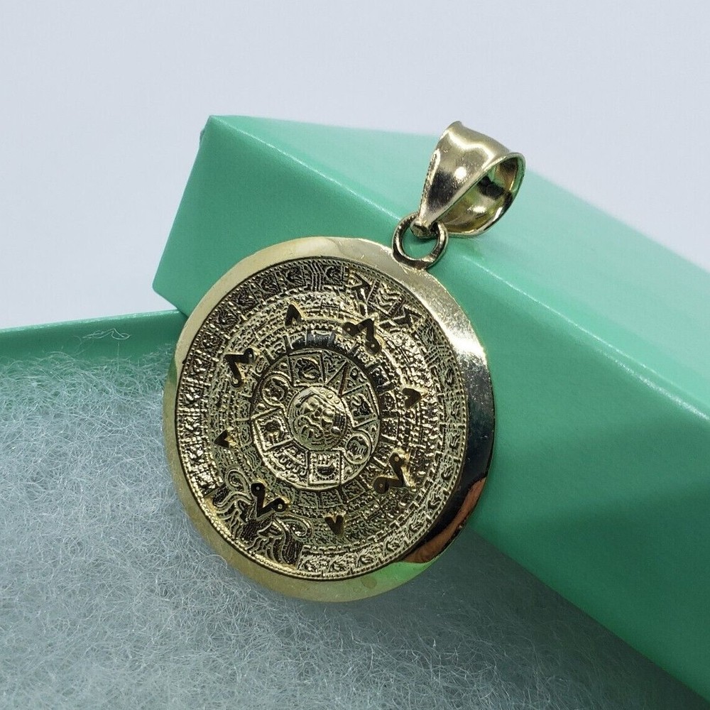 10K Solid Yellow Gold Aztec Mayan Sun Calendar Charm Pendant 3 Sizes