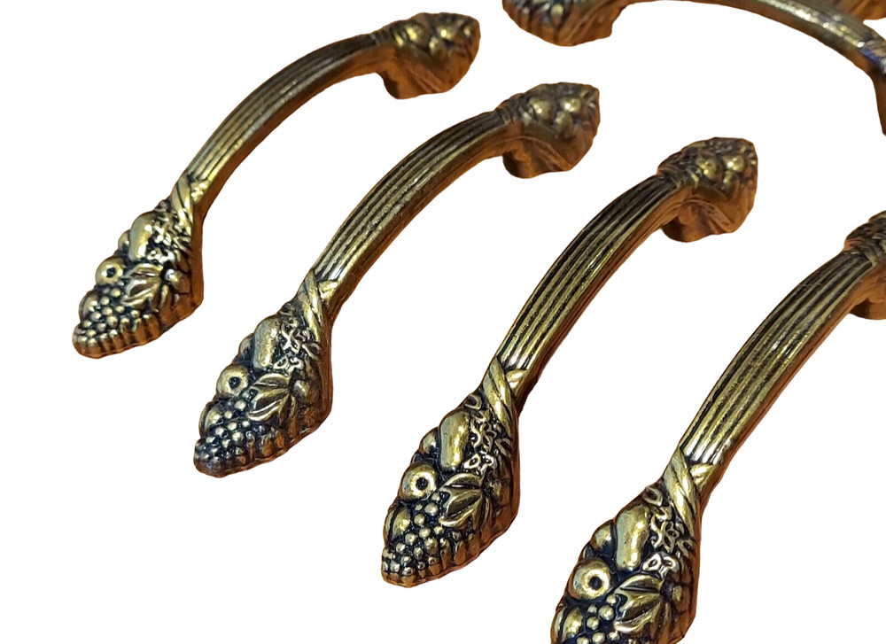 4 Vintage Solid Brass Cabinet Drawer Handles Pulls Fruit Bundle 3" Hole To Hole