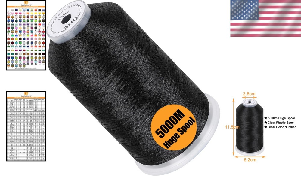Versatile 5000M Black Polyester Embroidery Thread 40WT for All Embroidery Needs