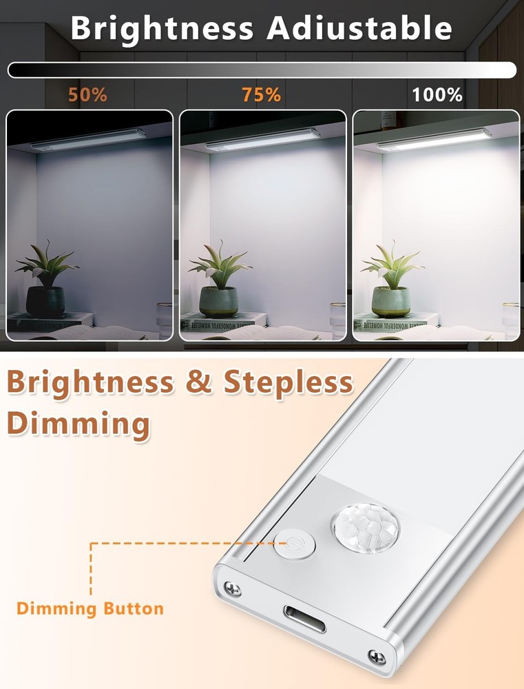 Under Cabinet Motion Sensor Lighting: 8 Inch Dimmable Rechargeable Lights Ind...