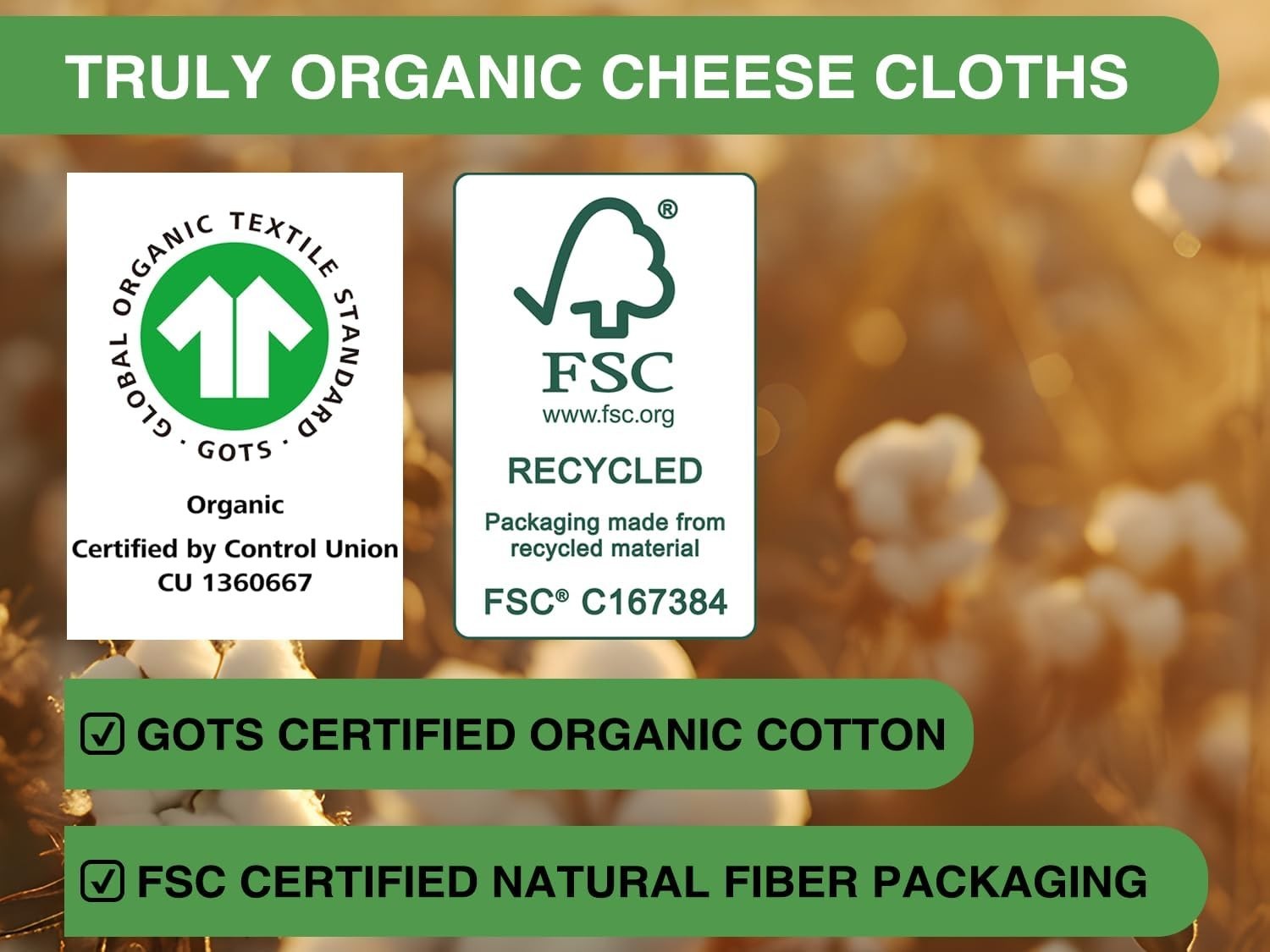 Organic Cheese Cloth 36x36”– GOTS Certified, Grade 100, Unbleached Cotton Muslim
