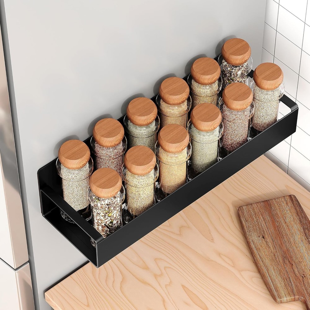 4 Pack Moveable Fridge Magnetic Spice Racks,Metal Black
