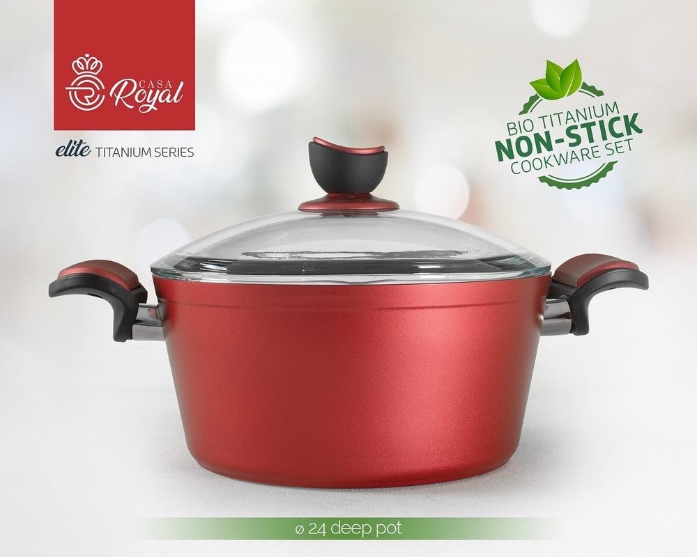 Cookware Set. Elite Bio Titanium Coating. Non-stick. Red color.