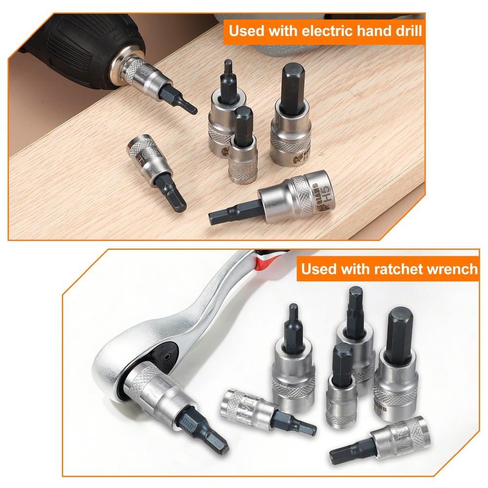 5Pcs Hex Bit Socket Set 3/8" Drive 1.97" Length S2 Steel Bit CR-V Socket