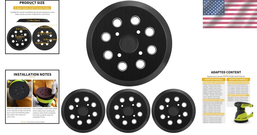 4-Pack 5-Inch Hook & Loop Sander Pads for Ryobi & More