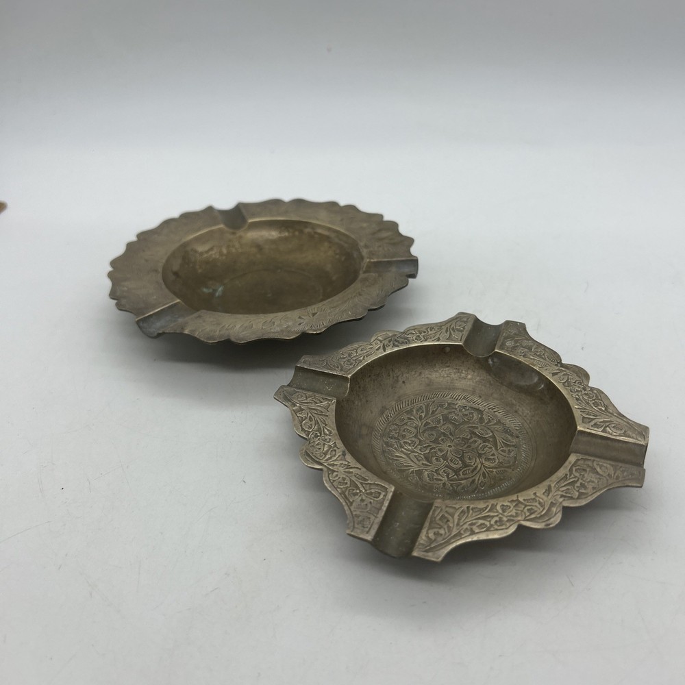 Vintage Solid Brass Etched Ashtrays Floral Mid Century