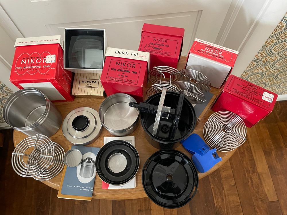 3 Developing tanks, 2 Nikor, Yankee Clipper. Reels, boxes, instructions, viewer