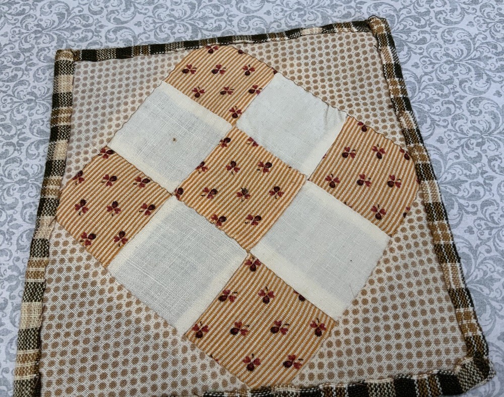 Antique Patchwork Quilt Table Topper, Mini, Nine Patch, Early Calico Prints