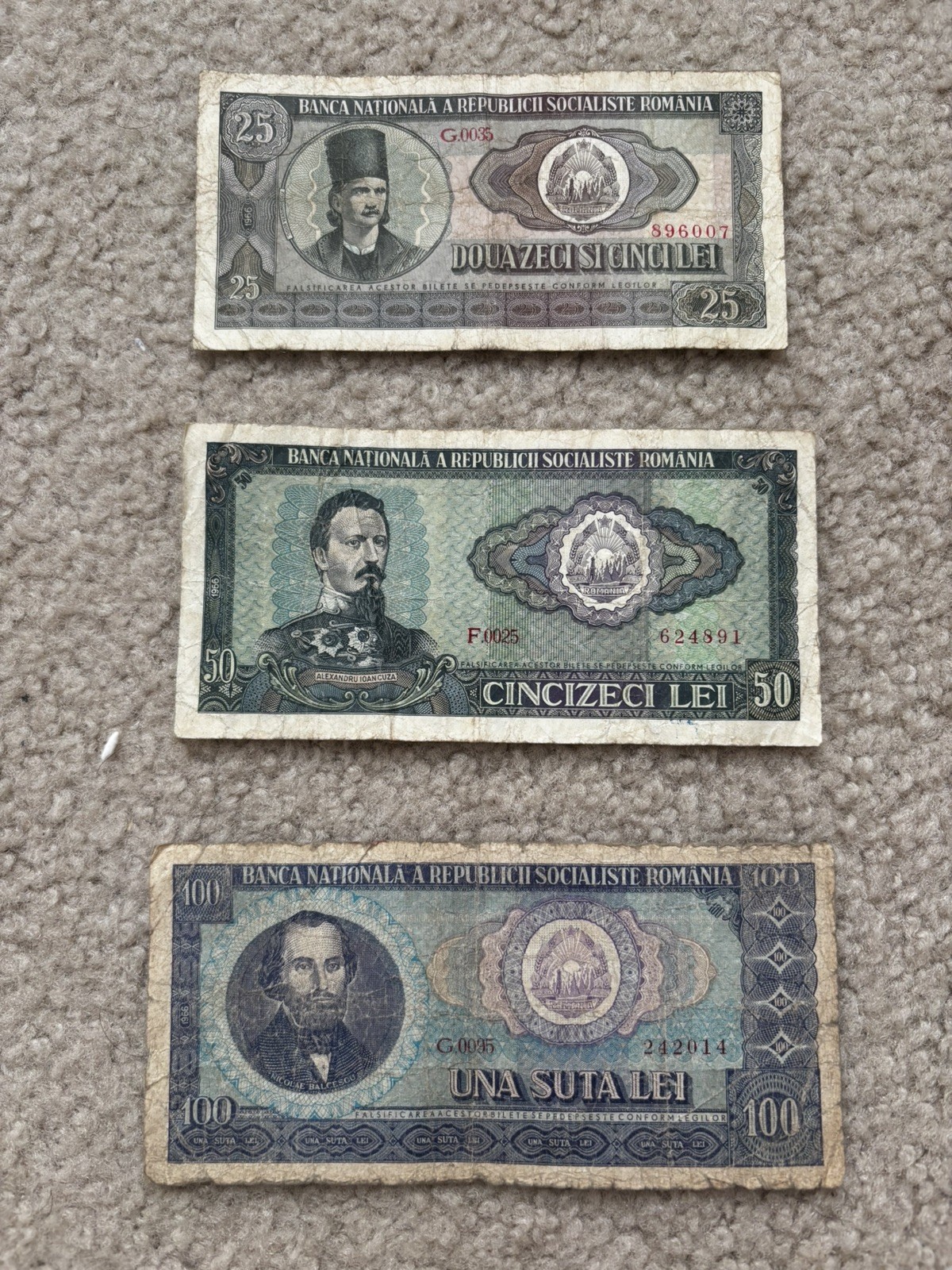 Romania  1966- 25, 50 And 100 Lei Banknote Set